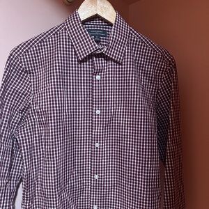 Banana Republic Men's Burgundy and White Checked Dress Shirt